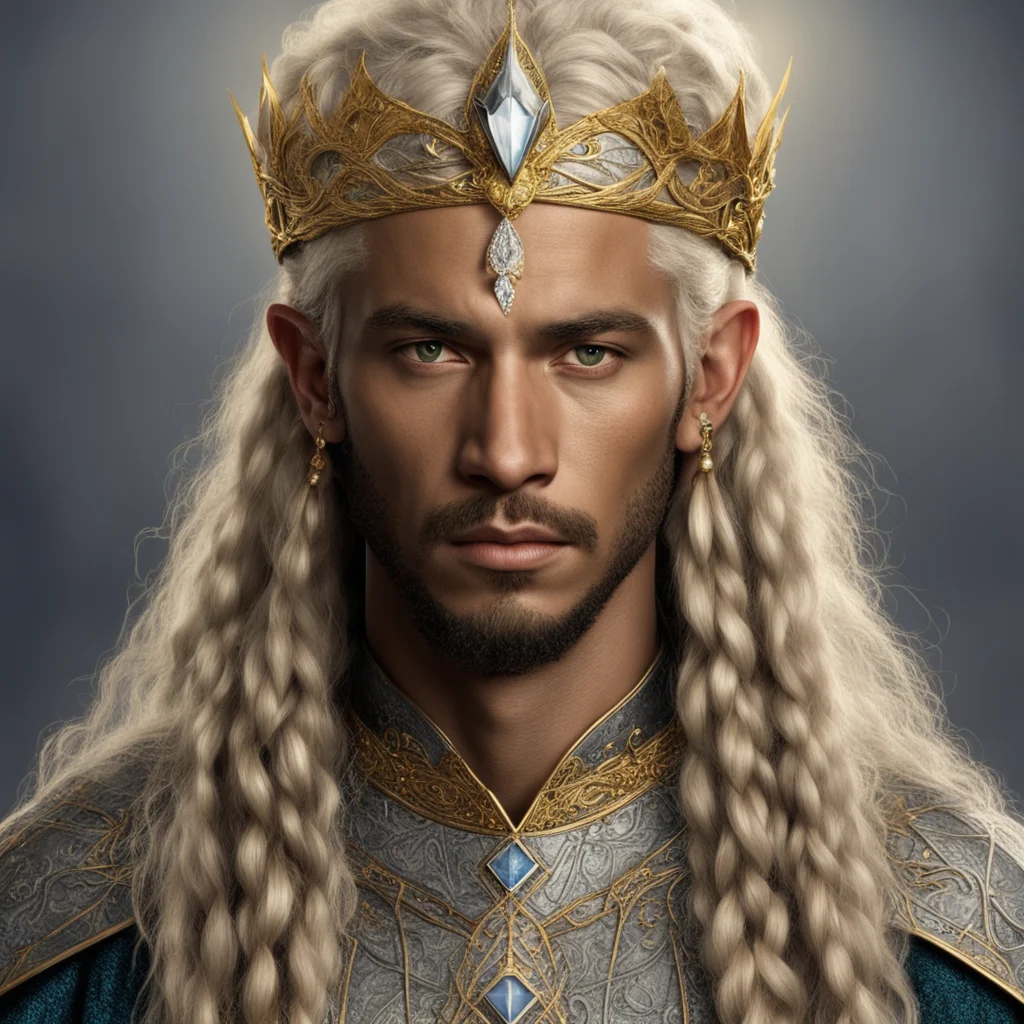 tolkien king ingwe with golden hair and braids with light skin and golden eyes wearing gold and silver elvish circlet with diamonds with large center diamond amazing awesome portrait 2