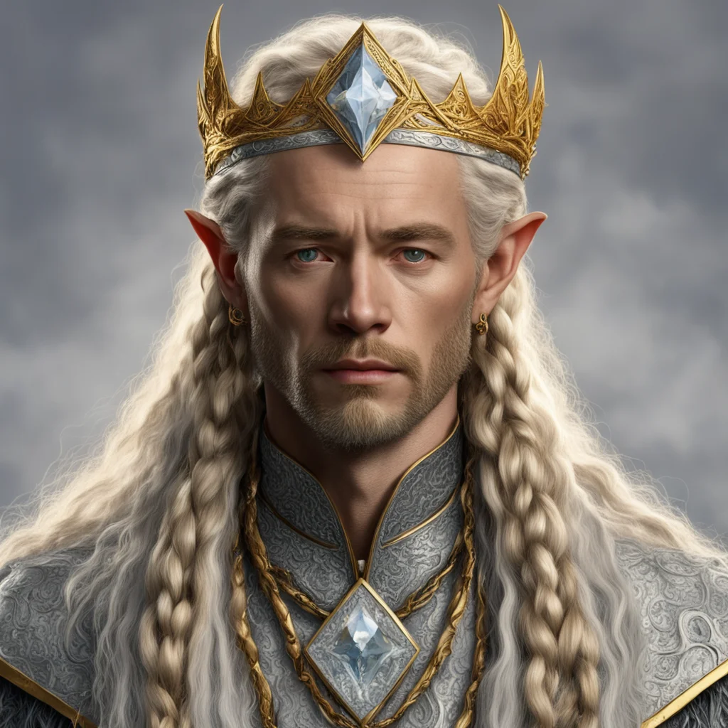 tolkien king ingwe with golden hair and braids with light skin and golden eyes wearing gold and silver elvish circlet with diamonds with large center diamond good looking trending fantastic 1