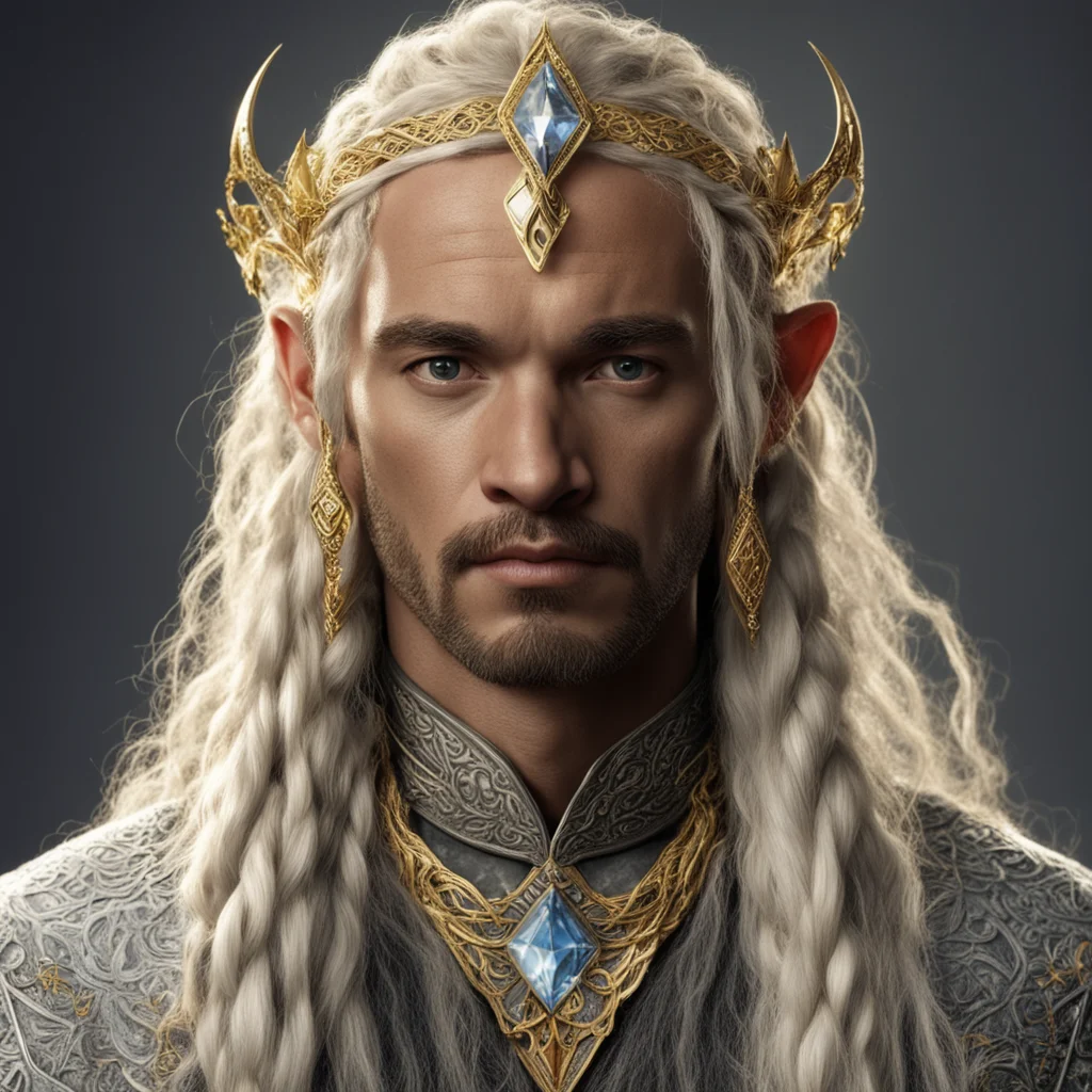 tolkien king ingwe with golden hair and braids with light skin and golden eyes wearing gold and silver elvish circlet with diamonds with large center diamond