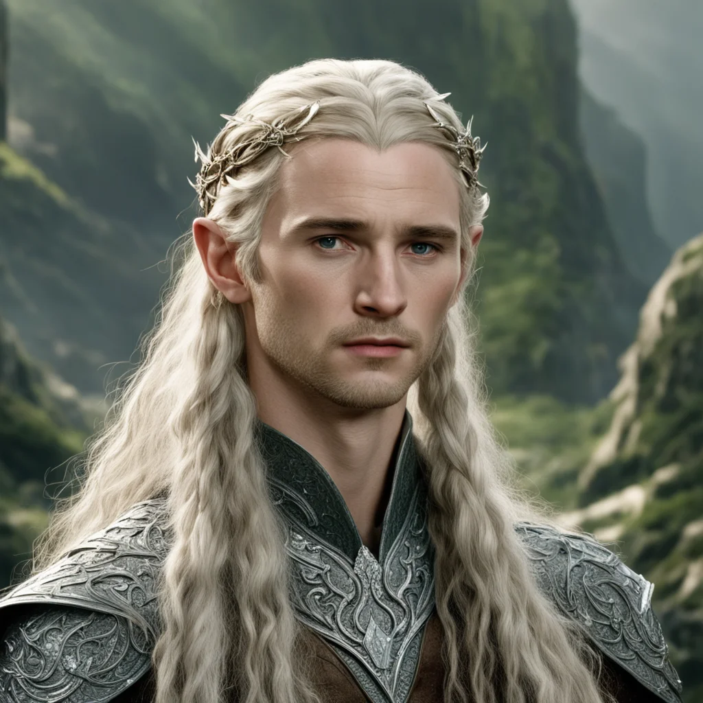 tolkien king legolas with blonde hair and braids wearing silver laurel leaf elvish circlet heavily encrusted with diamonds with large center circular diamond amazing awesome portrait 2