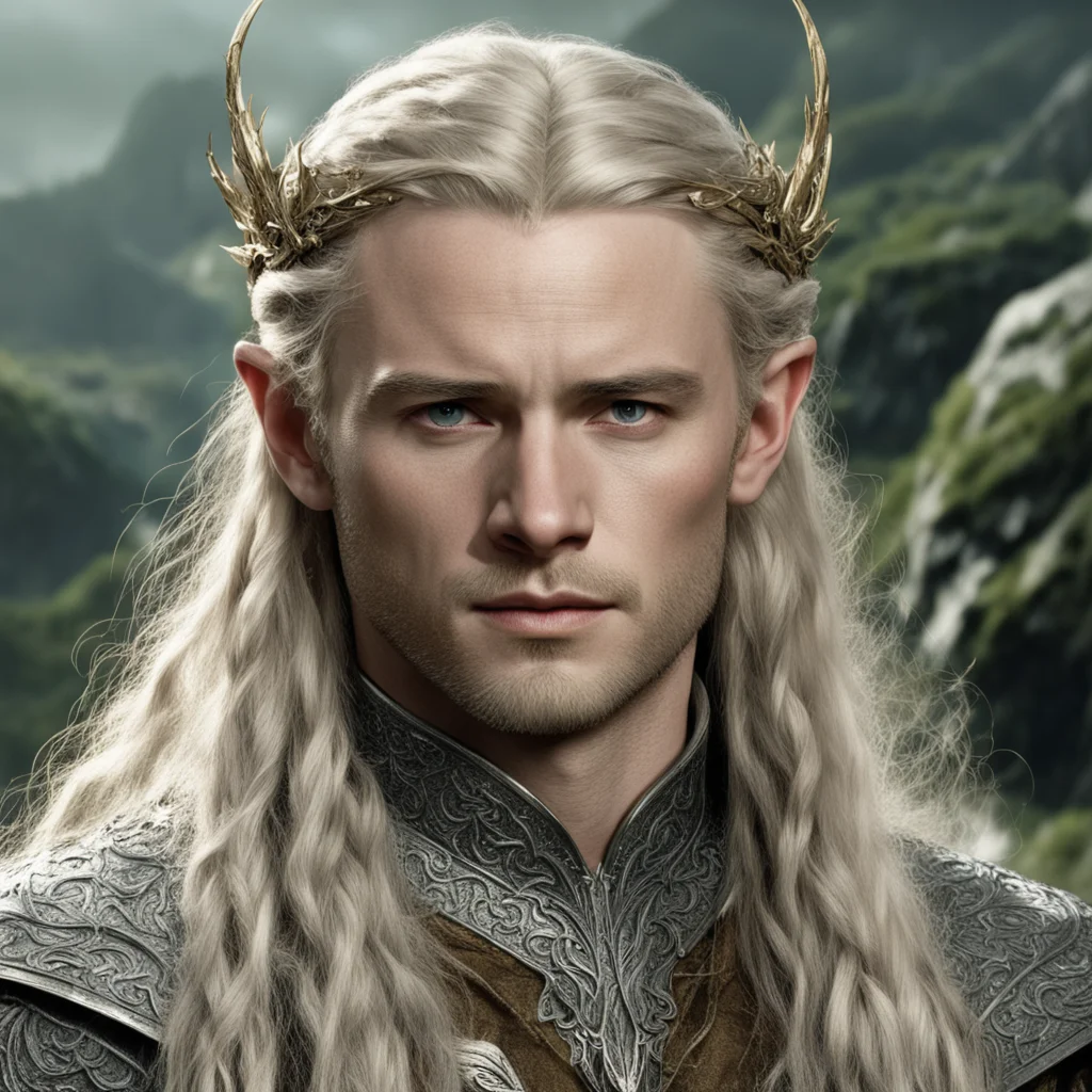 tolkien king legolas with blonde hair and braids wearing silver laurel leaf elvish circlet heavily encrusted with diamonds with large center circular diamond good looking trending fantastic 1