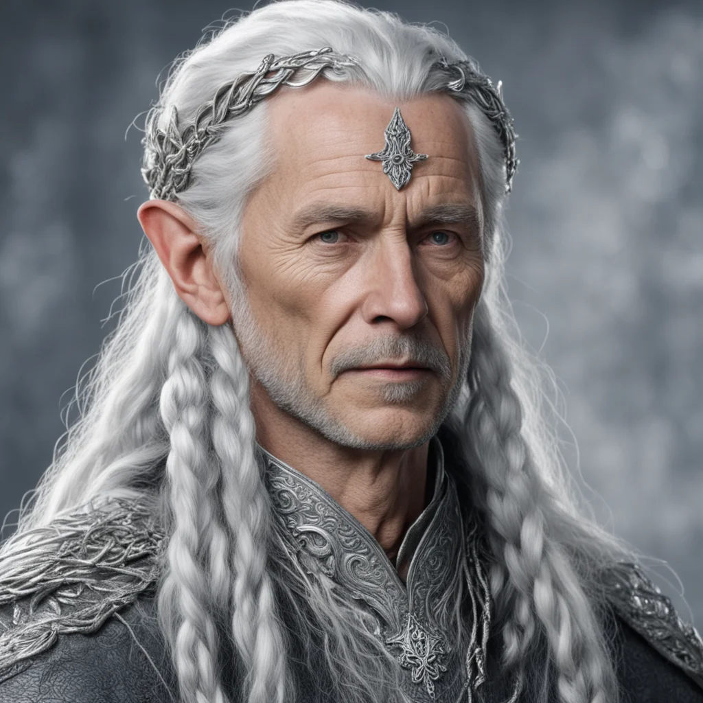 tolkien king olwe with silver hair with braids wearing silver sindarin elvish circlet with diamonds