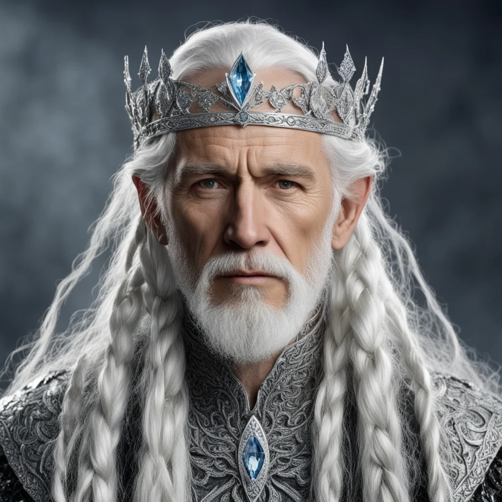 tolkien king olwe with white hair and braids wearing silver elvish circlet encrusted with diamonds with large center diamond amazing awesome portrait 2