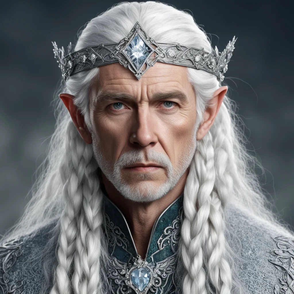 tolkien king olwe with white hair and braids wearing silver elvish circlet encrusted with diamonds with large center diamond confident engaging wow artstation art 3