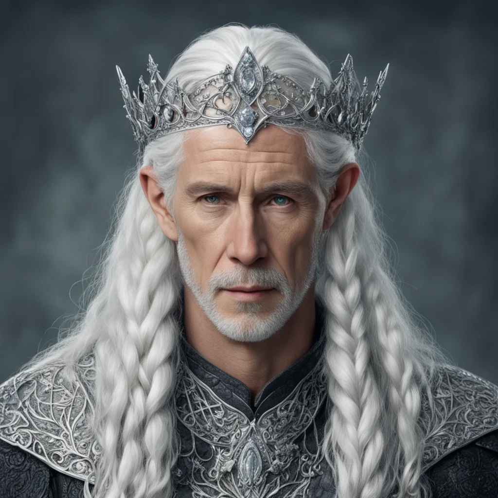 tolkien king olwe with white hair and braids wearing silver elvish circlet encrusted with diamonds with large center diamond