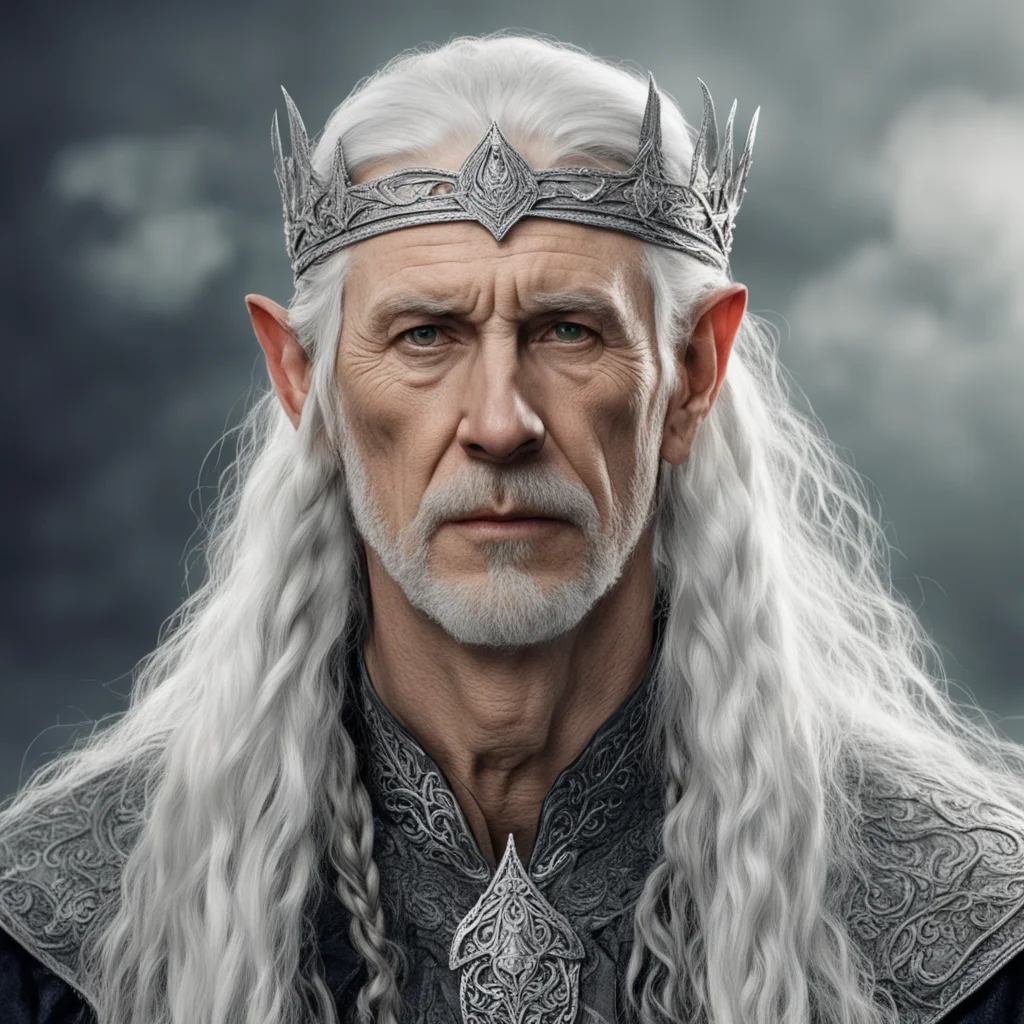 tolkien king olwe with white hair with braids wearing elvish silver circlet with diamonds good looking trending fantastic 1