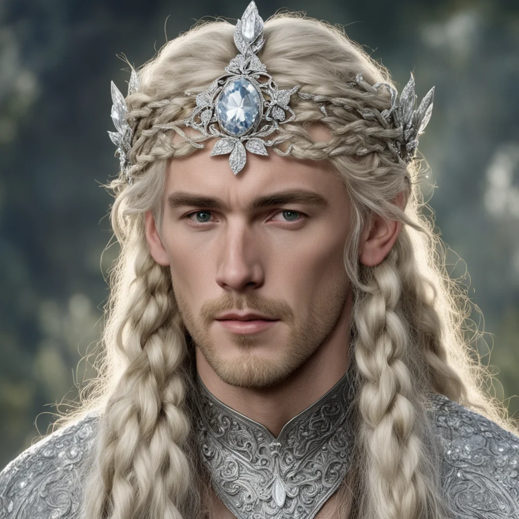 tolkien king oropher with blond hair  and  braids wearing silver flower elvish circlet encrusted with diamonds with large center diamond amazing awesome portrait 2