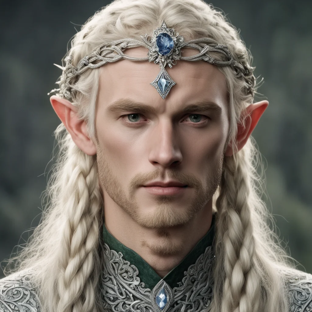 aitolkien king oropher with blond hair  and  braids wearing silver flower elvish circlet encrusted with diamonds with large center diamond good looking trending fantastic 1