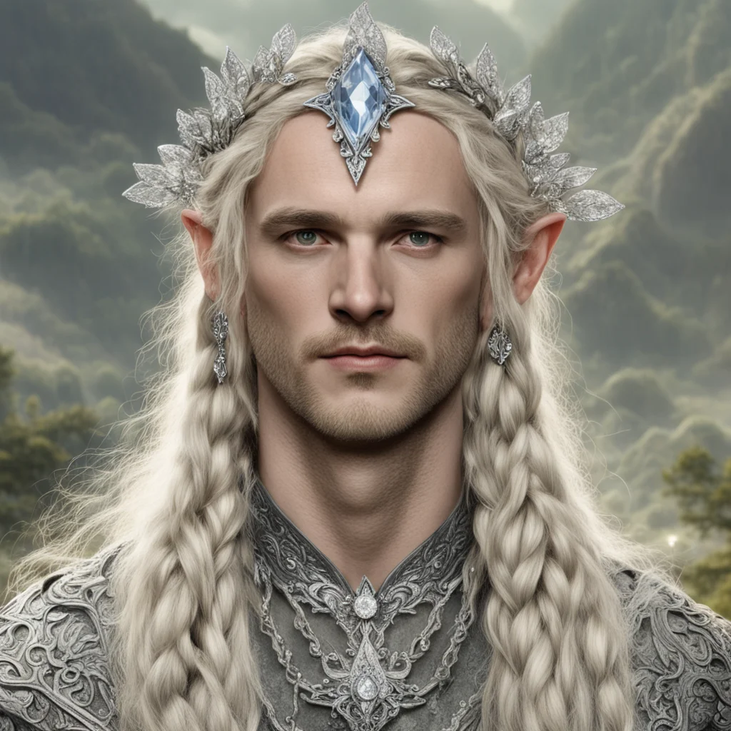 tolkien king oropher with blond hair  and  braids wearing silver flower elvish circlet encrusted with diamonds with large center diamond