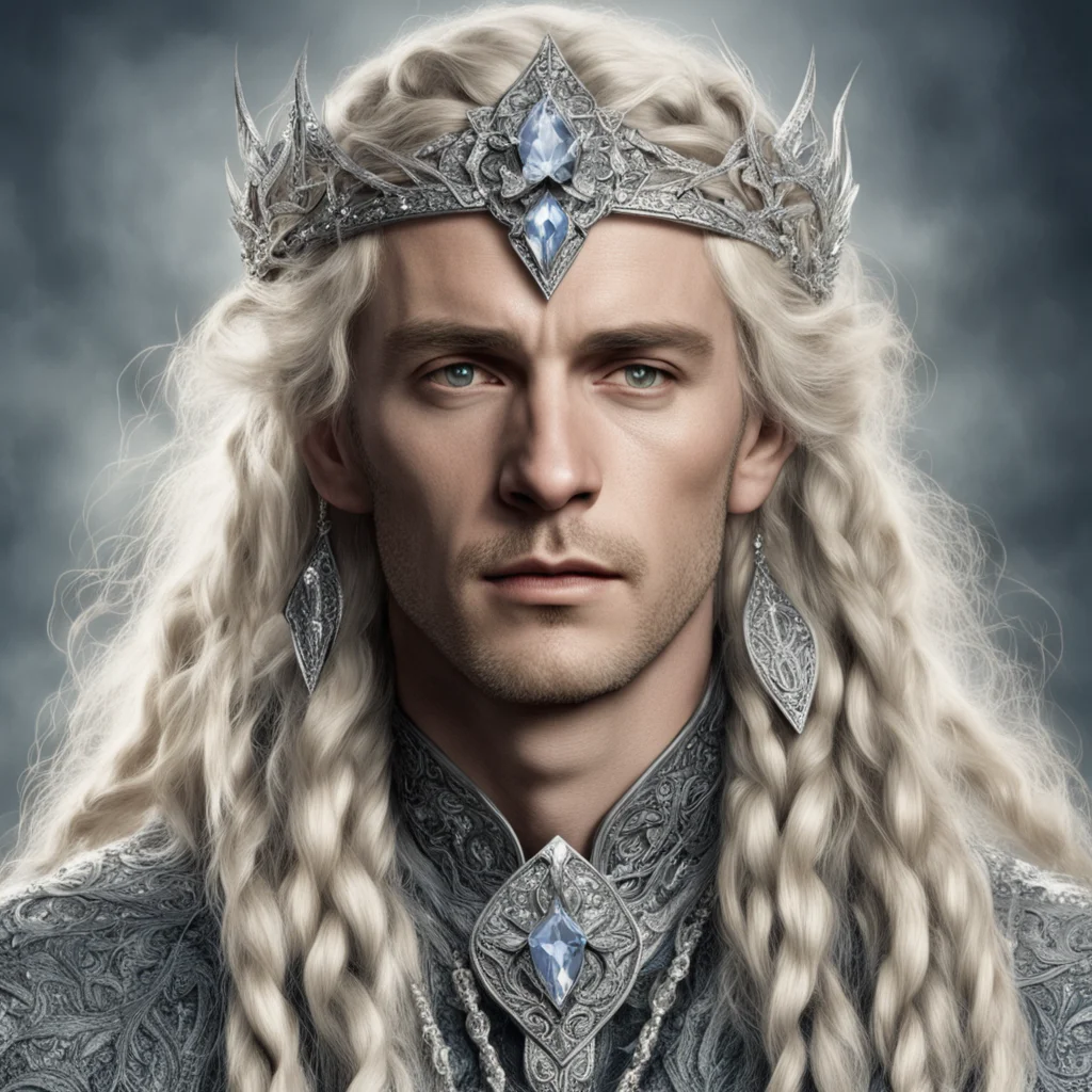 tolkien king oropher with blond hair amd braids wearing silver flower encrusted with diamonds forming a silver elvish circlet encrusted with diamonds with large center diamond 