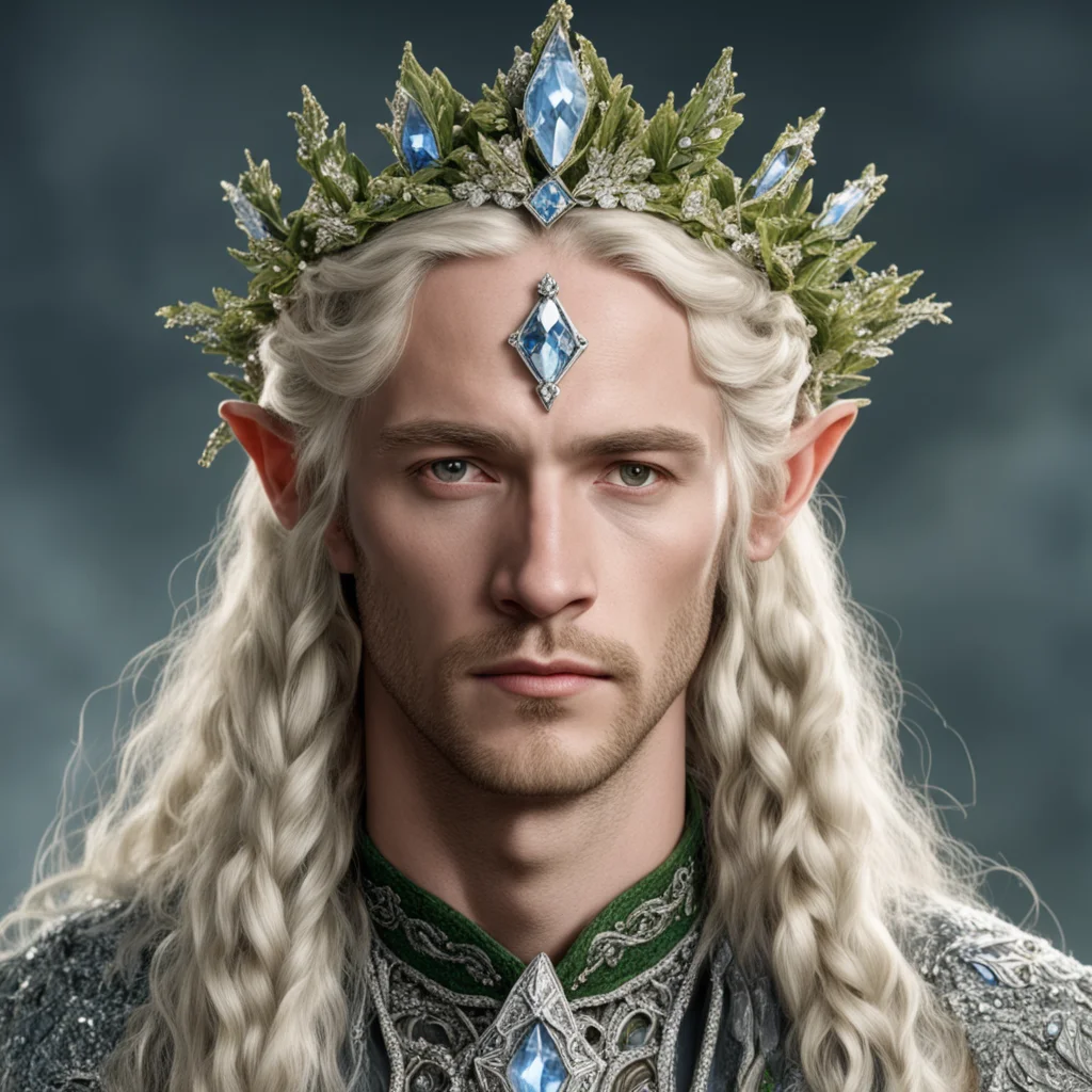 tolkien king oropher with blond hair and braids wearing holly leaves encrusted with diamonds with clusters of diamond berries to form a silver sindarin elvish circlet with large center diamond 