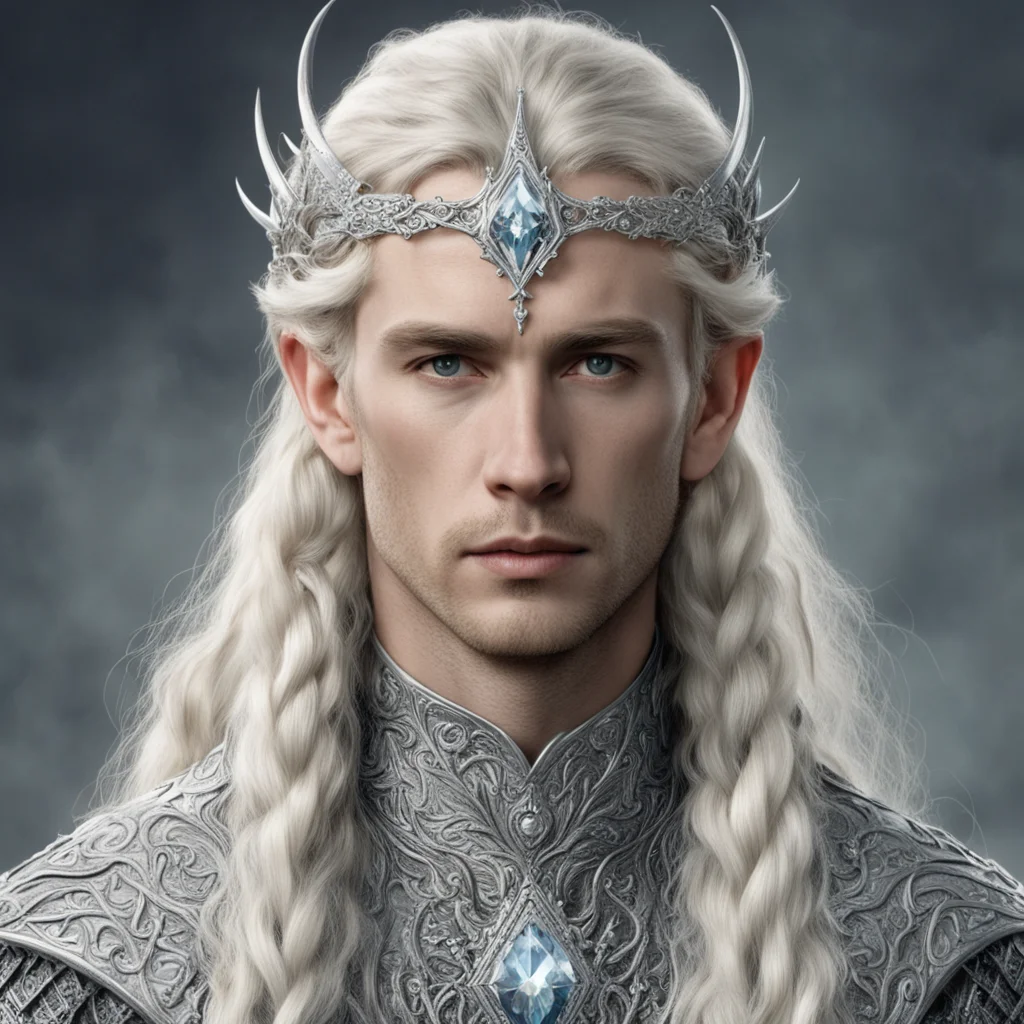 tolkien king oropher with blond hair and braids wearing silver dragon encrusted with diamonds to form a silver elvish circlet with large center diamond amazing awesome portrait 2