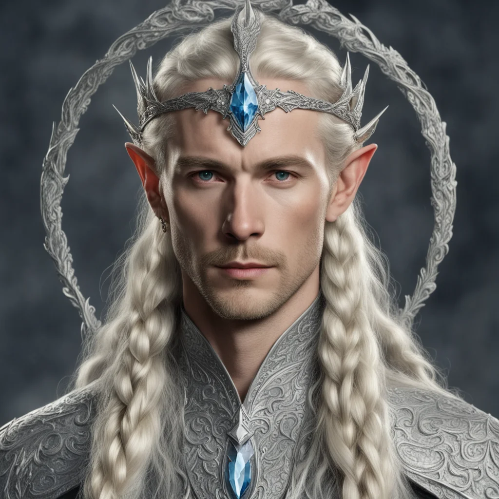 tolkien king oropher with blond hair and braids wearing silver dragon encrusted with diamonds to form a silver elvish circlet with large center diamond
