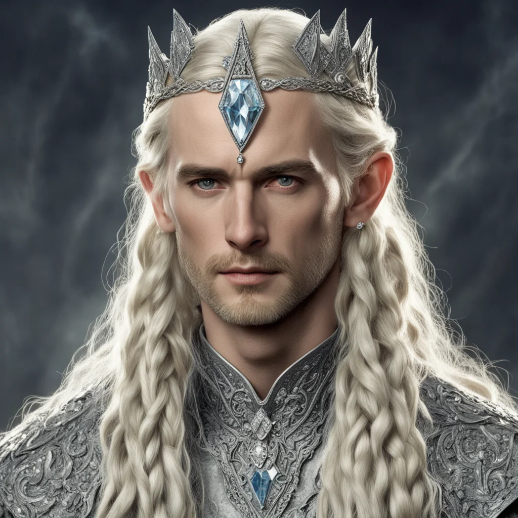 tolkien king oropher with blond hair and braids wearing silver elvish circlet encrusted with large diamonds with large center diamond good looking trending fantastic 1