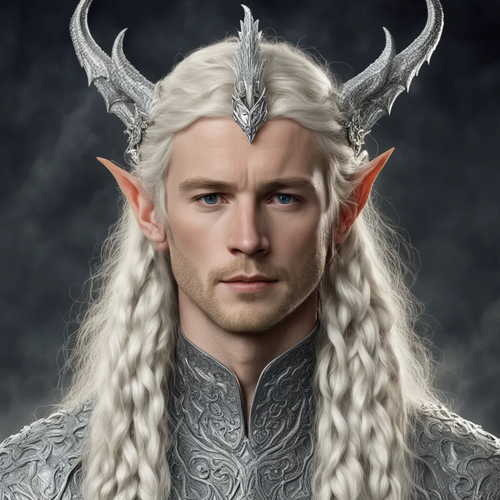 tolkien king oropher with blond hair and braids wearing silver fiery dragon silver elvish circlet encrusted with diamonds with large center diamond  amazing awesome portrait 2