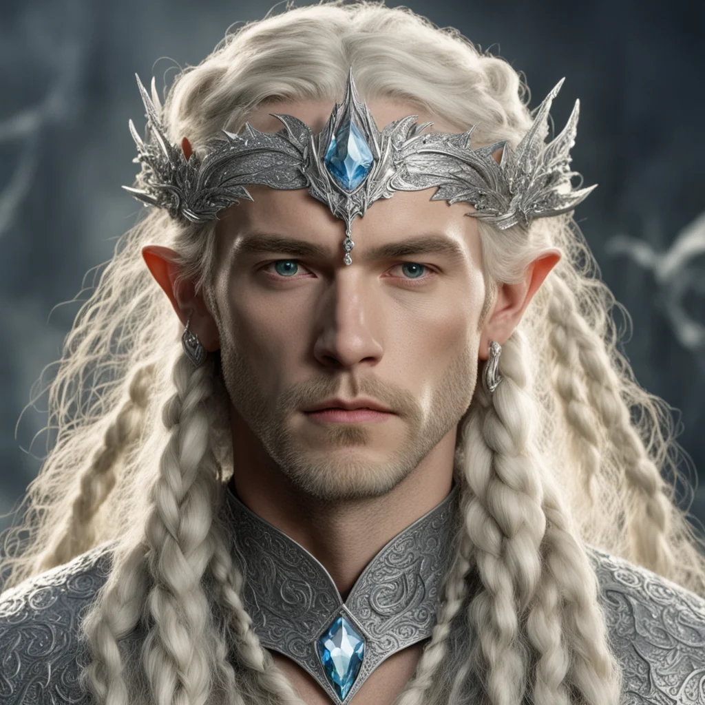tolkien king oropher with blond hair and braids wearing silver fiery dragon silver elvish circlet encrusted with diamonds with large center diamond  confident engaging wow artstation art 3