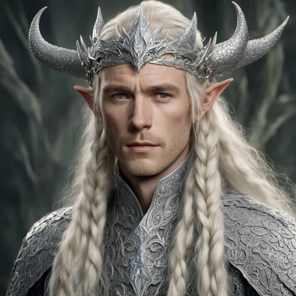 tolkien king oropher with blond hair and braids wearing silver fiery dragon silver elvish circlet encrusted with diamonds with large center diamond  good looking trending fantastic 1