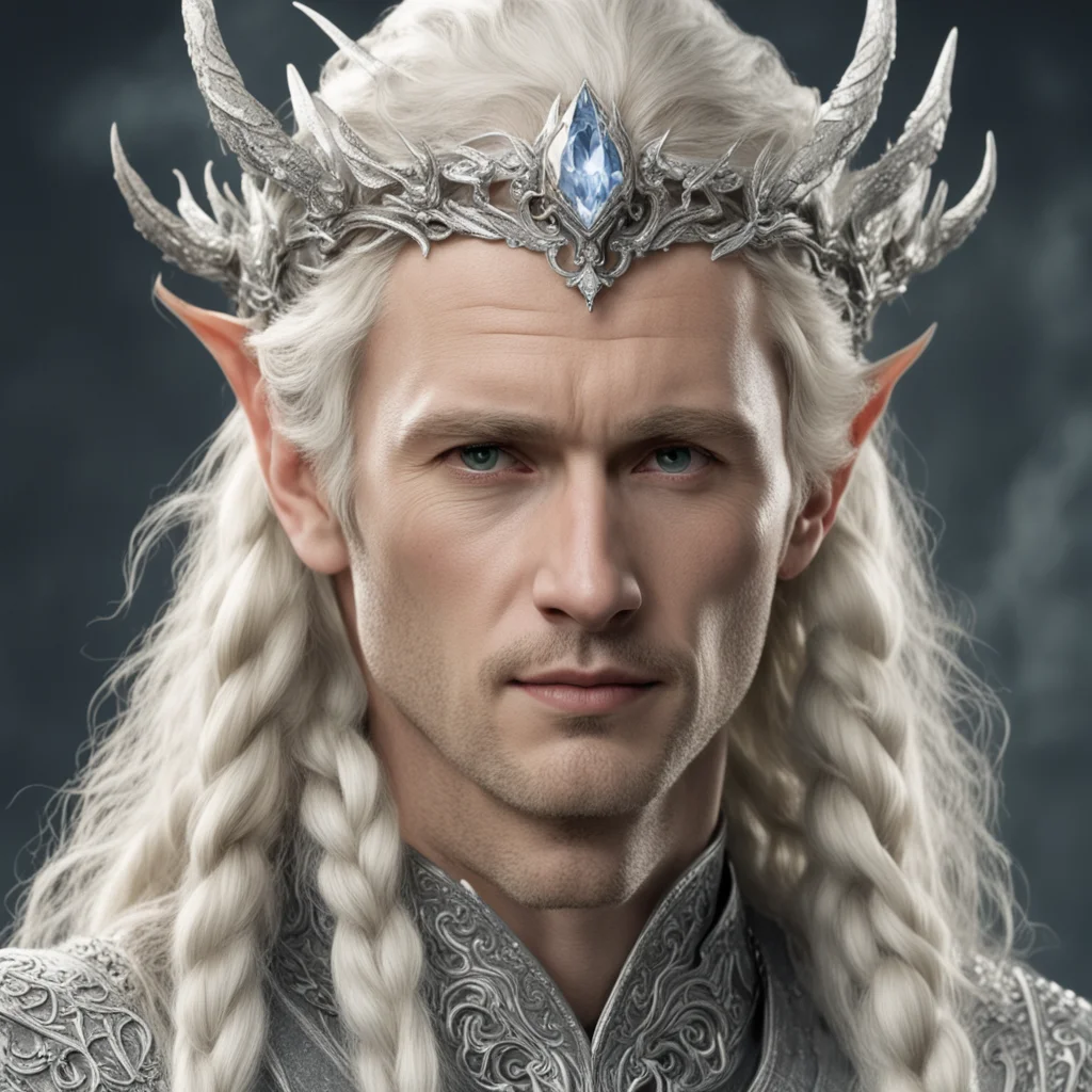 tolkien king oropher with blond hair and braids wearing silver fiery dragon silver elvish circlet encrusted with diamonds with large center diamond 