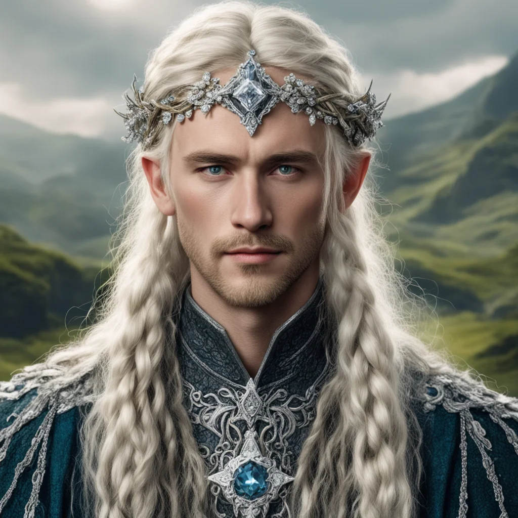tolkien king oropher with blond hair and braids wearing silver flower serpentine sindarin elvish circlet encrusted with diamonds with large center diamond 