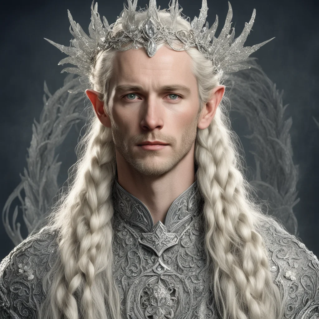 tolkien king oropher with blond hair and braids wearing silver flowers encrusted with diamonds forming a silver serpentine elvish circlet encrusted with diamonds with large center diamond
