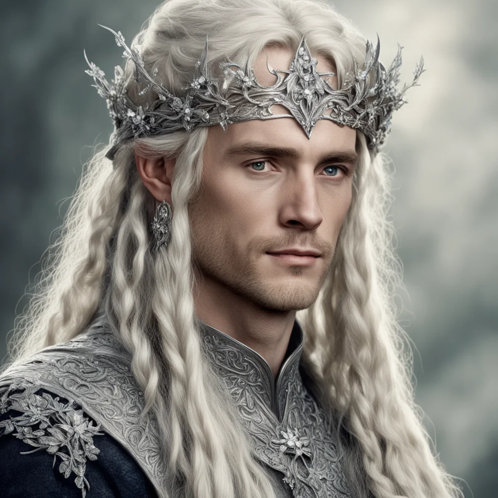 tolkien king oropher with blond hair and braids wearing silver flowers encrusted with diamonds to make silver elvish circlet with large center diamond amazing awesome portrait 2