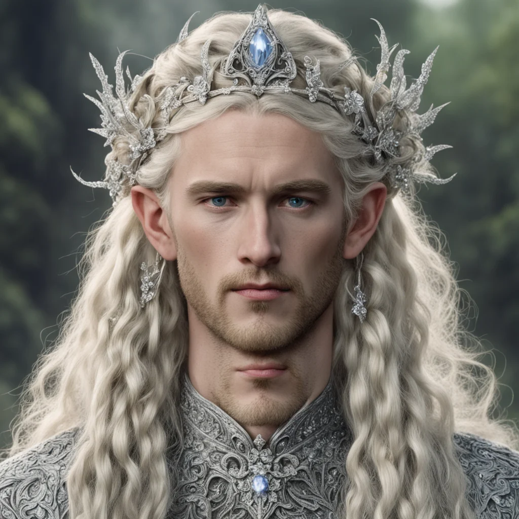 tolkien king oropher with blond hair and braids wearing silver flowers encrusted with diamonds to make silver elvish circlet with large center diamond confident engaging wow artstation art 3