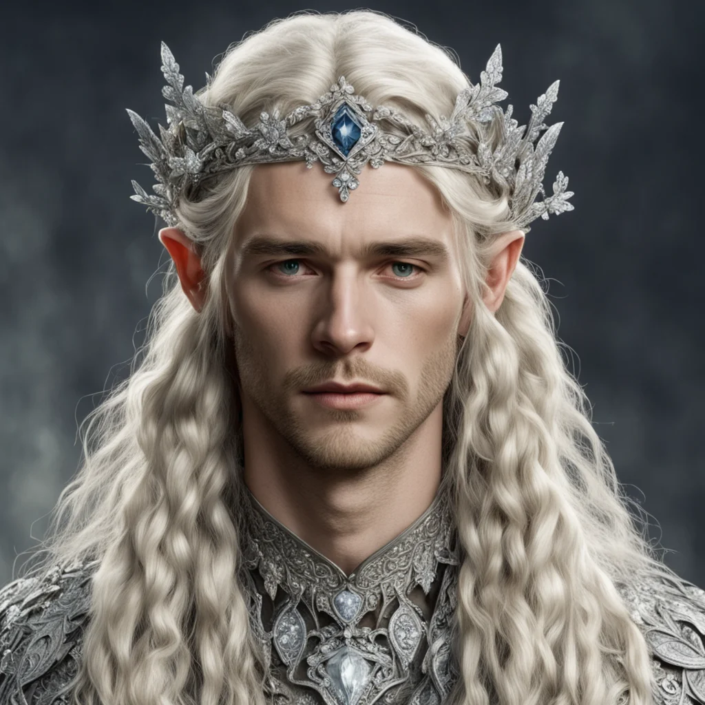 tolkien king oropher with blond hair and braids wearing silver flowers encrusted with diamonds to make silver elvish circlet with large center diamond good looking trending fantastic 1