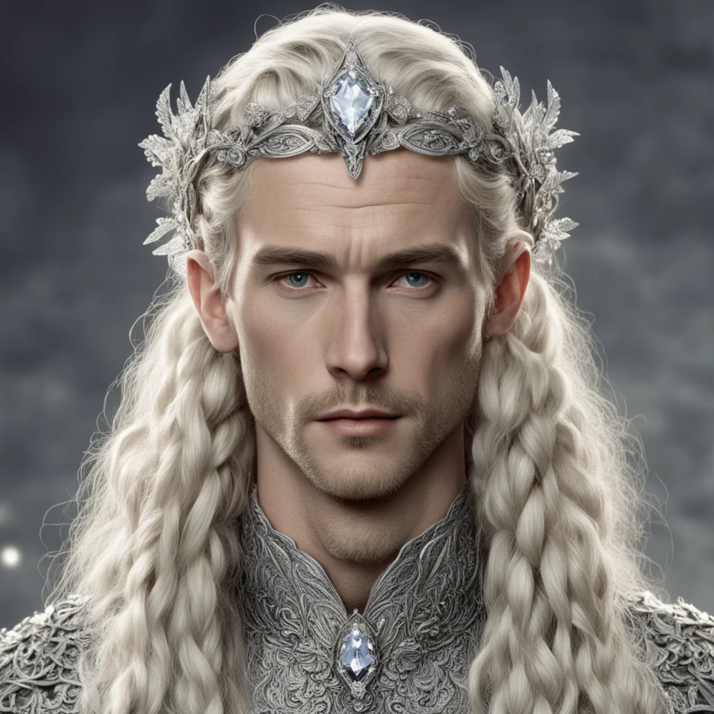 tolkien king oropher with blond hair and braids wearing silver flowers encrusted with diamonds to make silver elvish circlet with large center diamond