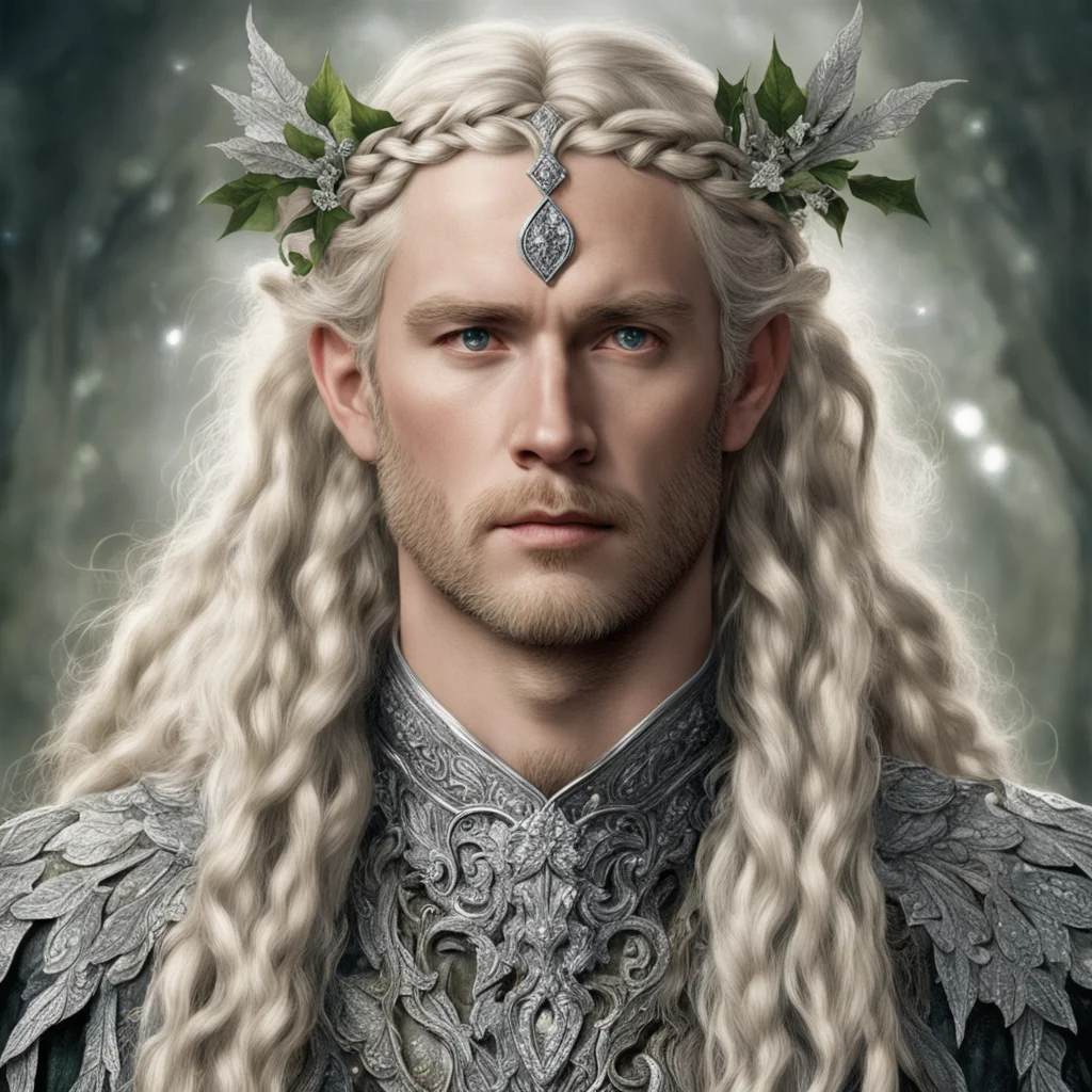tolkien king oropher with blond hair and braids wearing silver holly leaves encrusted with diamonds with large center diamond amazing awesome portrait 2