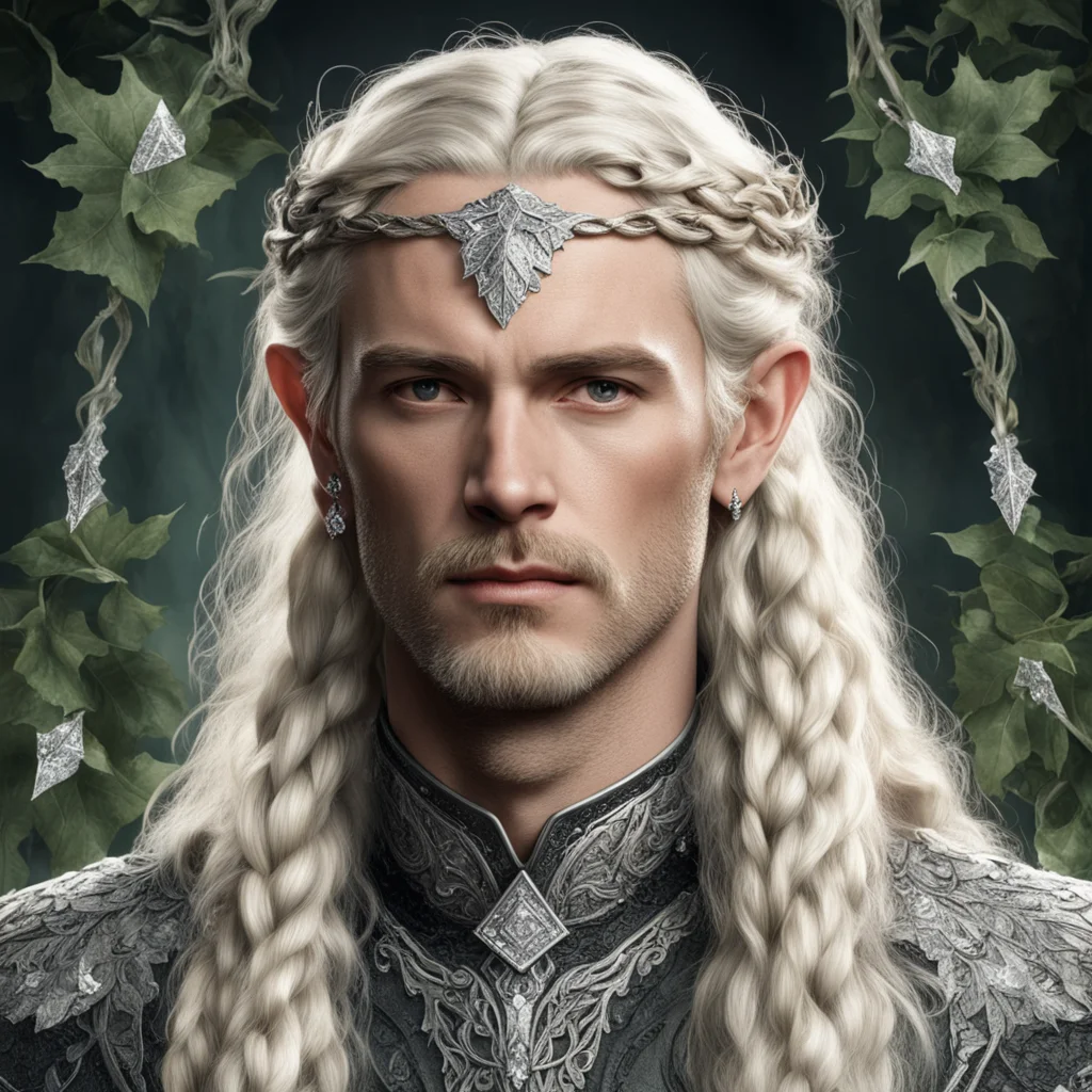 tolkien king oropher with blond hair and braids wearing silver holly leaves encrusted with diamonds with large center diamond confident engaging wow artstation art 3