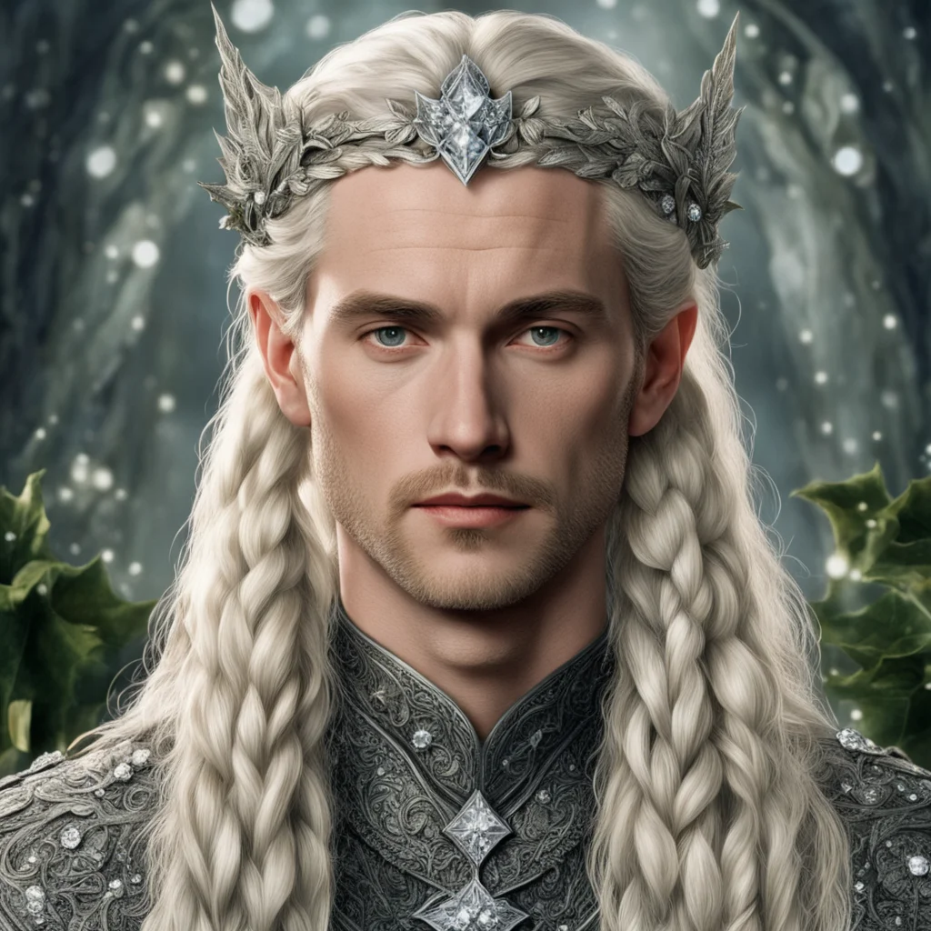 tolkien king oropher with blond hair and braids wearing silver holly leaves encrusted with diamonds with large center diamond good looking trending fantastic 1