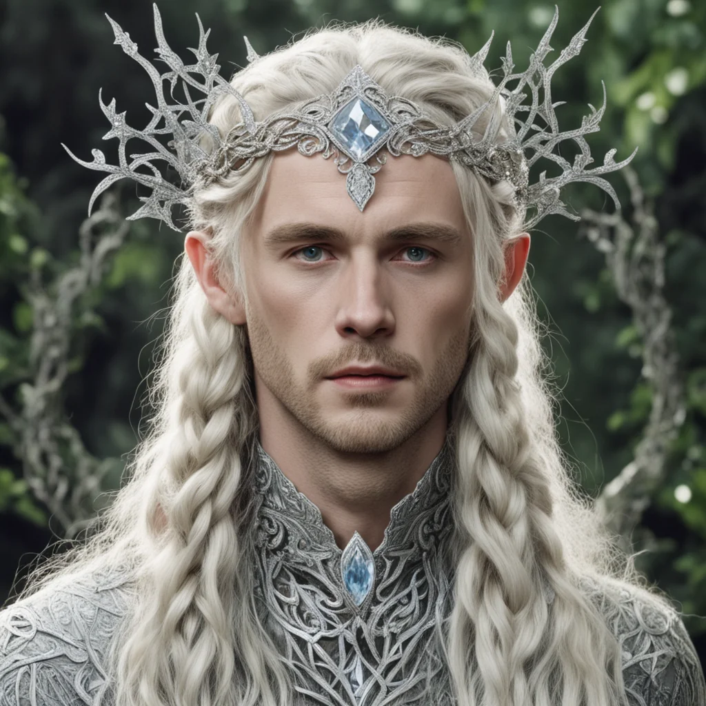 tolkien king oropher with blond hair and braids wearing silver leafy vines encrusted with diamonds to form silver elvish circlet with large center diamond amazing awesome portrait 2