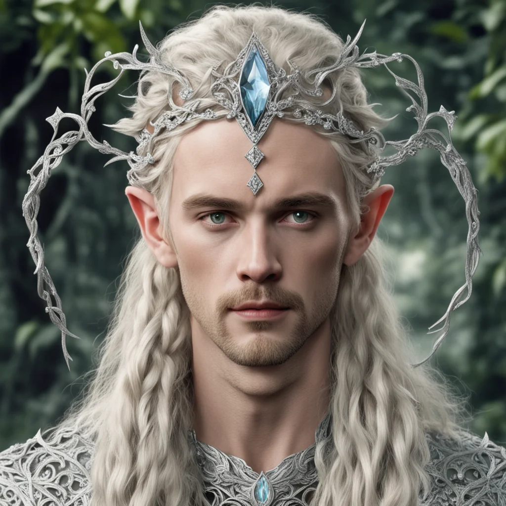 tolkien king oropher with blond hair and braids wearing silver leafy vines encrusted with diamonds to form silver elvish circlet with large center diamond good looking trending fantastic 1