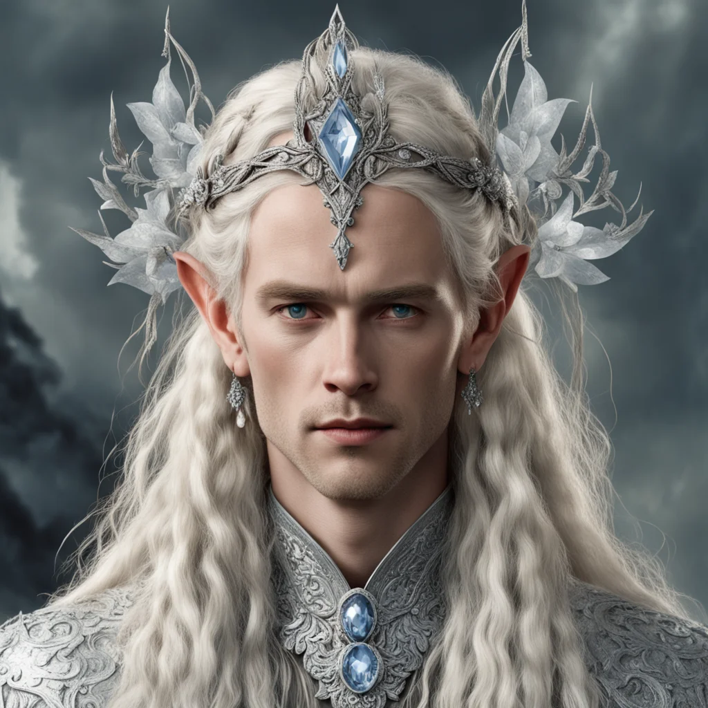 tolkien king oropher with blond hair and braids wearing silver orchids encrusted with diamonds forming a silver elvish circlet with large center diamond  good looking trending fantastic 1
