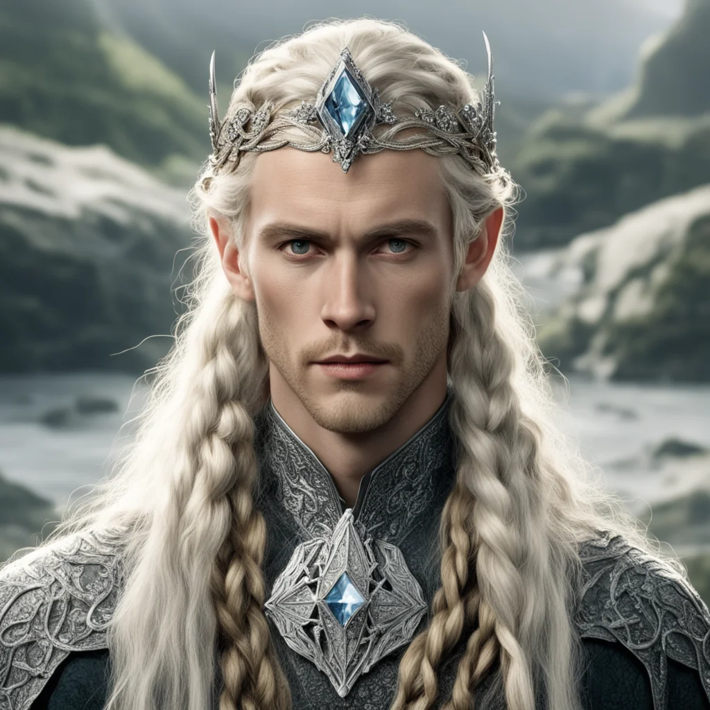 tolkien king oropher with blond hair and braids wearing silver serpentine elvish circlet encrusted with diamonds with large center diamond amazing awesome portrait 2