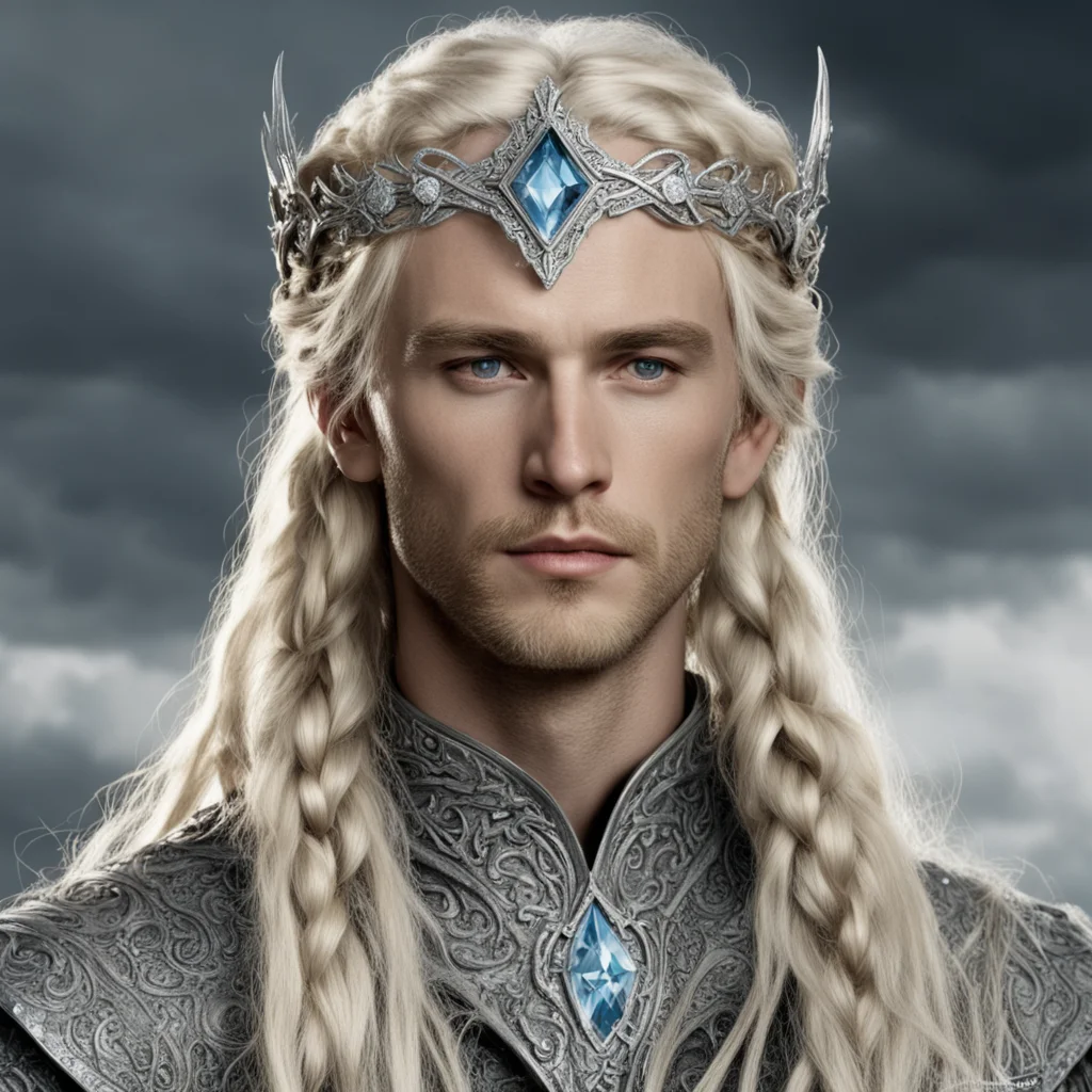 tolkien king oropher with blond hair and braids wearing silver serpentine elvish circlet encrusted with diamonds with large center diamond good looking trending fantastic 1