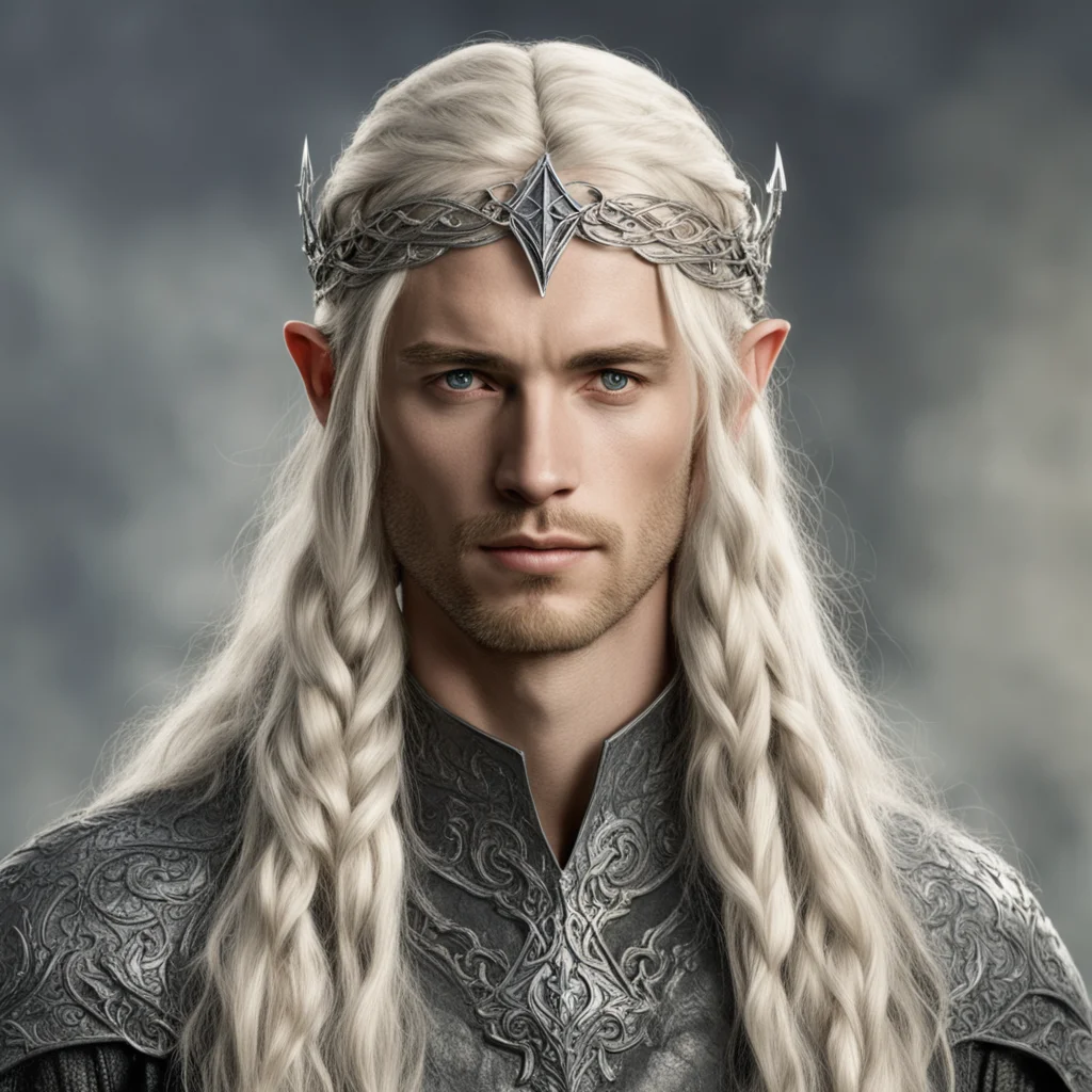 tolkien king oropher with blond hair and braids wearing silver sindarin elvish circlet with center diamond  good looking trending fantastic 1