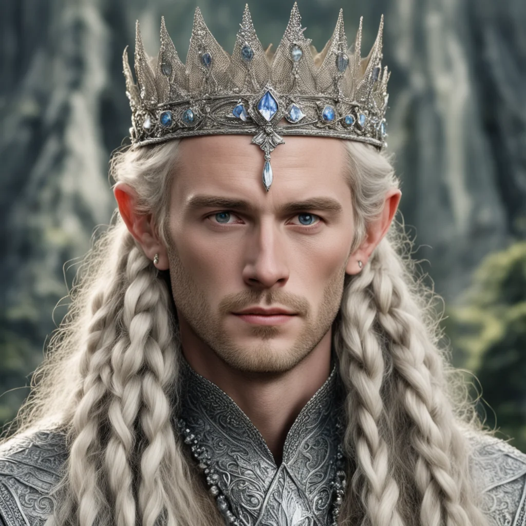 aitolkien king oropher with blond hair and braids wearing silver sindarin elvish crown encrusted with diamonds with large center diamond 