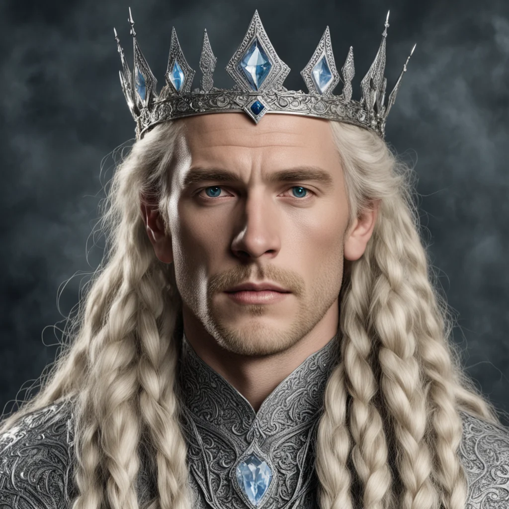 tolkien king oropher with blond hair and braids wearing silver sindarin elvish crown encrusted with diamonds with large center diamond confident engaging wow artstation art 3