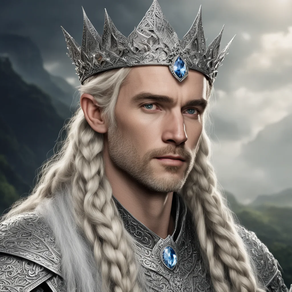 tolkien king oropher with blond hair and braids wearing silver sindarin elvish crown encrusted with diamonds with large center diamond good looking trending fantastic 1