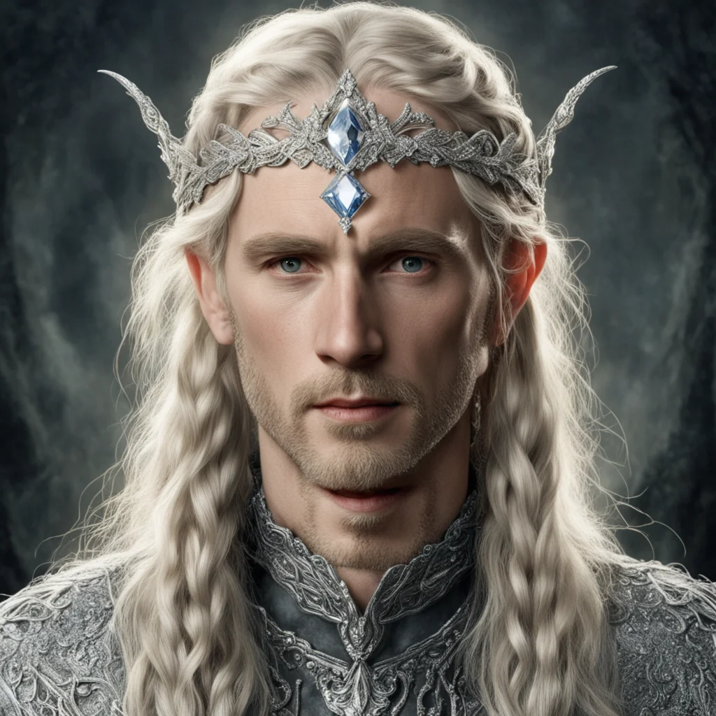 tolkien king oropher with blond hair and braids wearing silver strings of diamonds and wearing silver elvish circlet encrusted with diamonds with large center diamond amazing awesome portrait 2