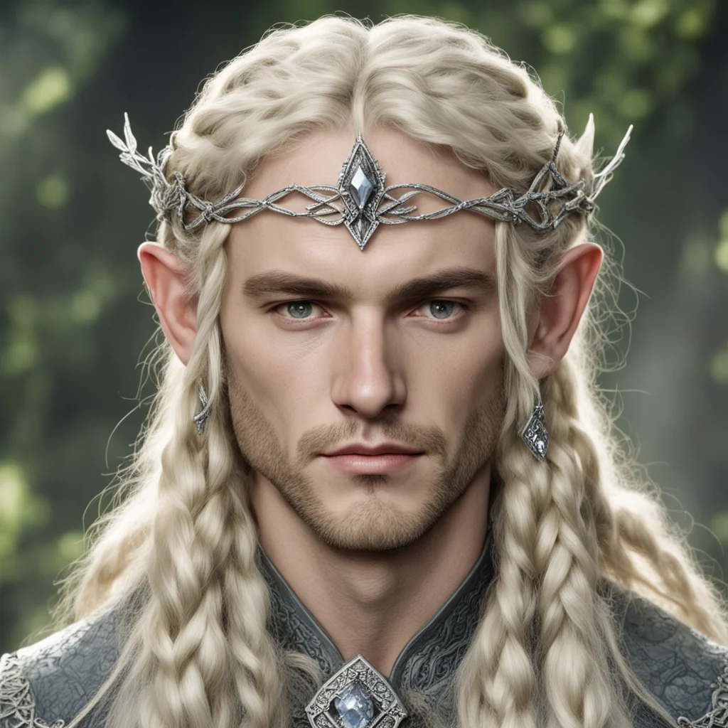 aitolkien king oropher with blond hair and braids wearing silver twig and diamond berry elvish circlet with large center diamond good looking trending fantastic 1