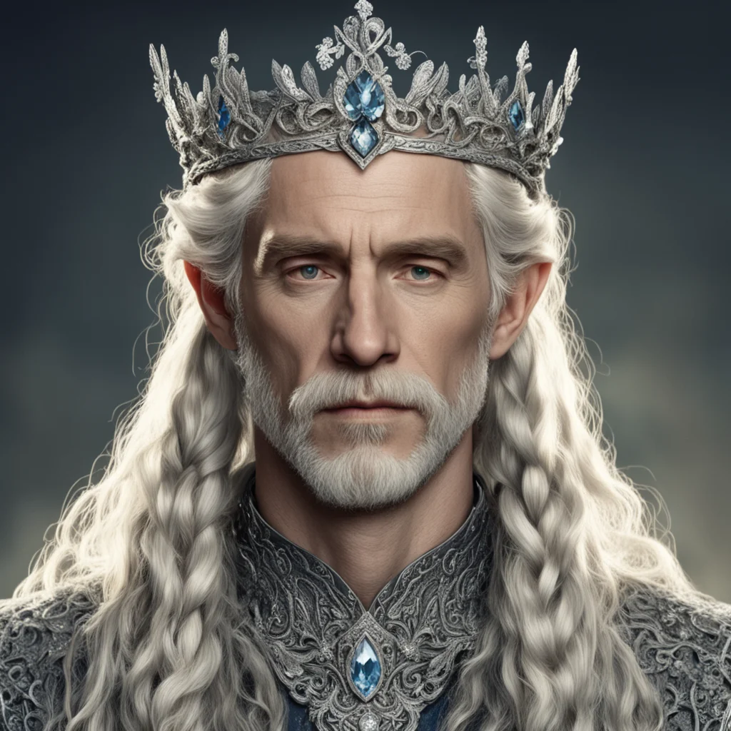 tolkien king oropher with blond hair and braids wearing silver vines encrusted with diamonds and clusters of diamonds forming a silver serpentine elvish coronet with large center diamond