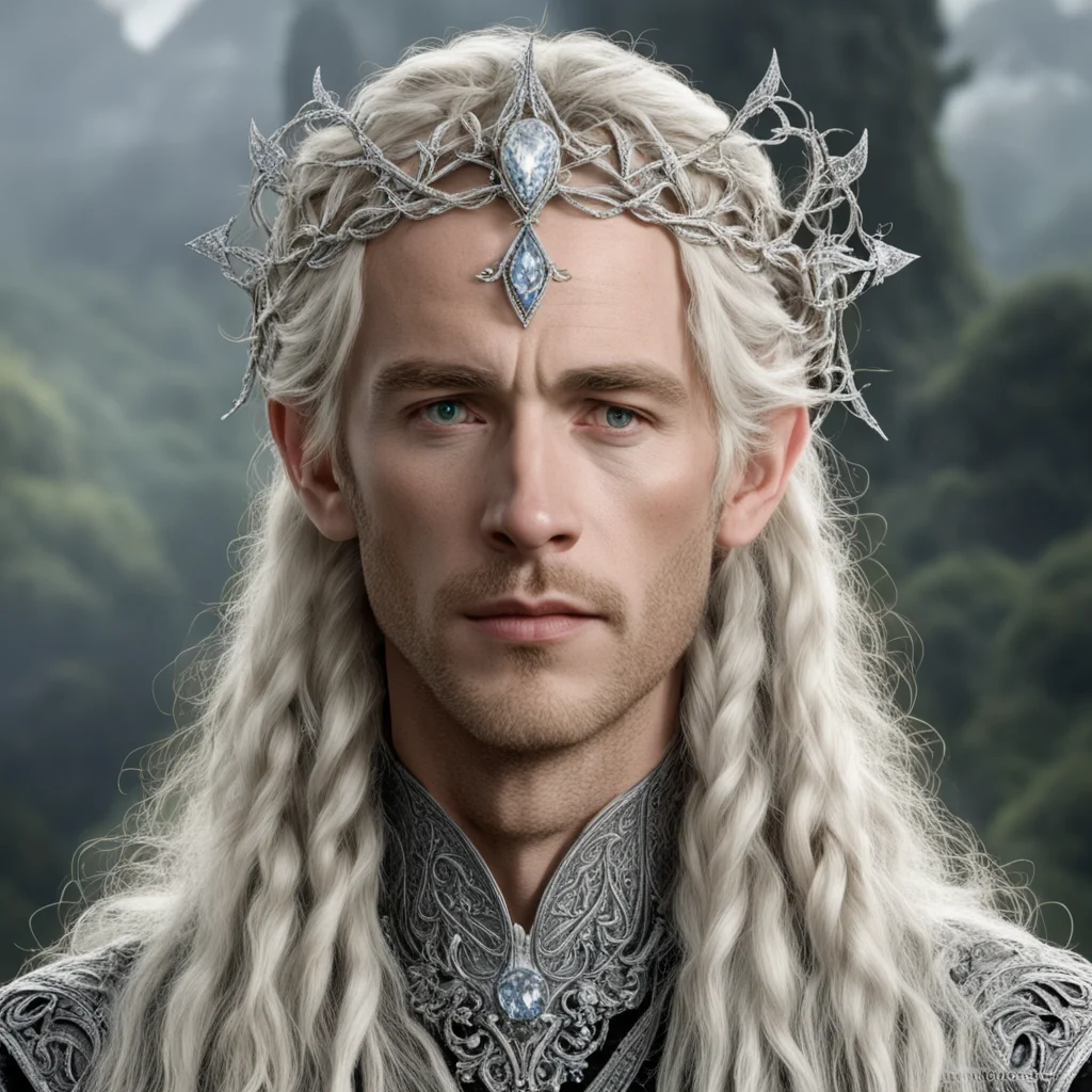 aitolkien king oropher with blond hair and braids wearing silver vines encrusted with diamonds forming a silver elvish circlet with large center diamond  good looking trending fantastic 1