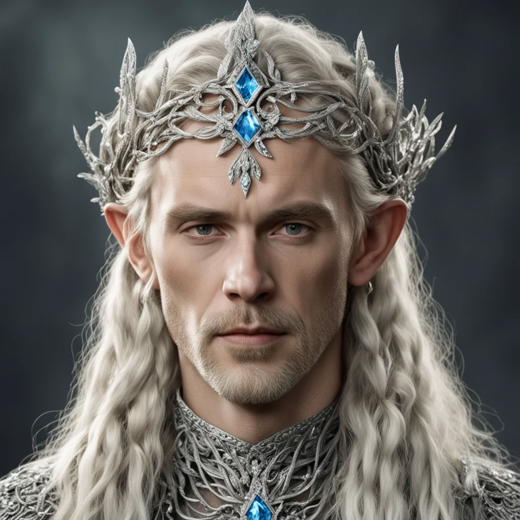tolkien king oropher with blond hair and braids wearing silver vines encrusted with diamonds forming a silver elvish circlet with large center diamond 