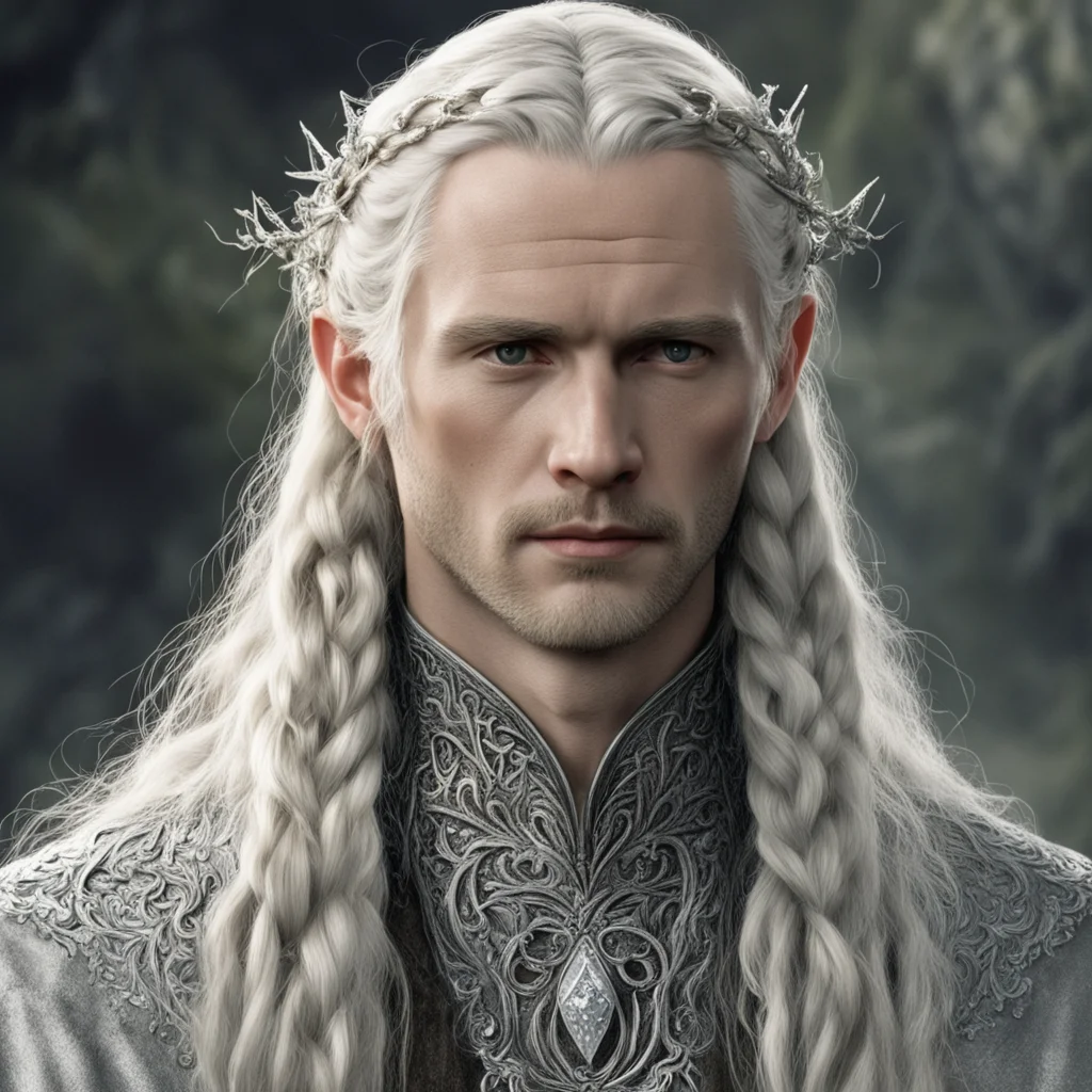 tolkien king oropher with blond hair and braids wearing silver vines to form silver sindarin elvish hair forks encrusted with diamonds confident engaging wow artstation art 3