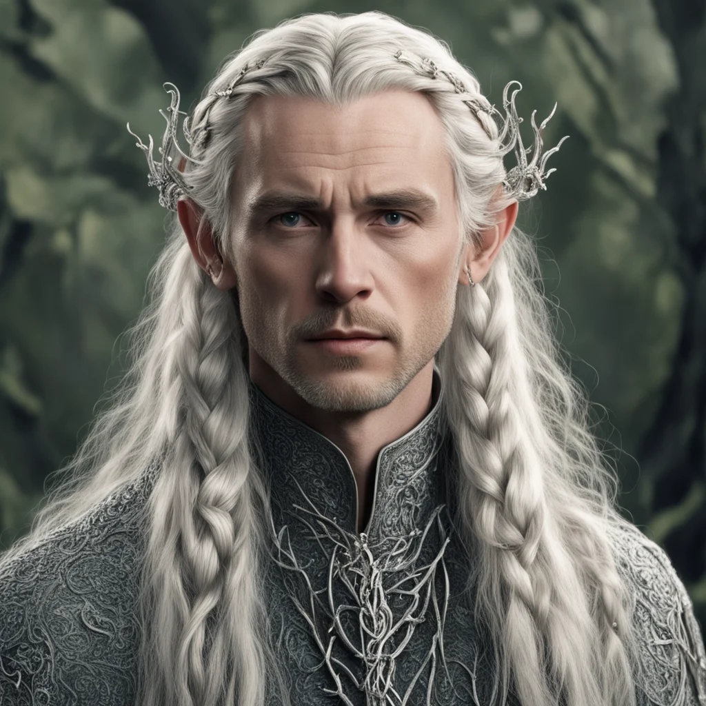 tolkien king oropher with blond hair and braids wearing silver vines to form silver sindarin elvish hair forks encrusted with diamonds good looking trending fantastic 1
