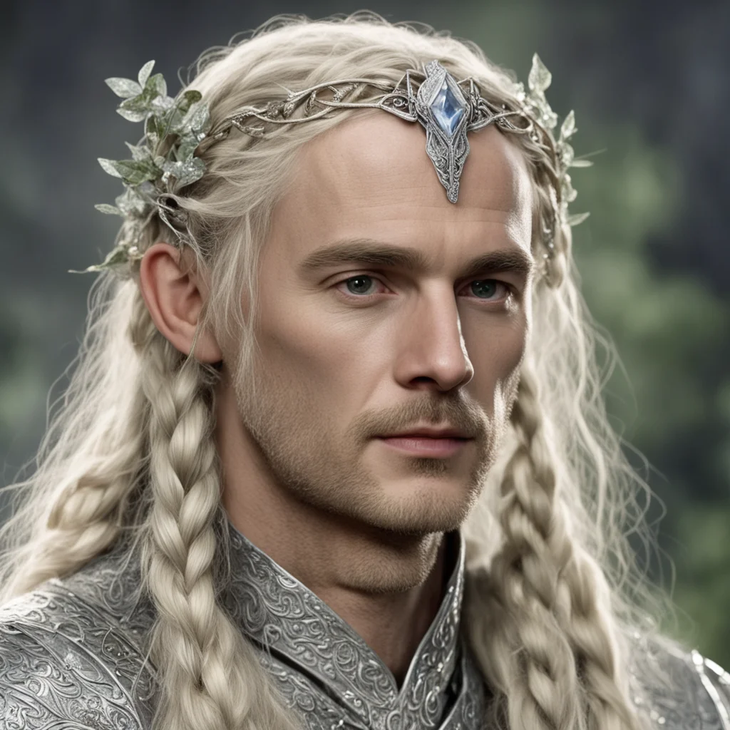 tolkien king oropher with blond hair and braids wearing silver vines will small silver leaves encrusted with diamonds to make a small silver elvish circlet with large center diamond