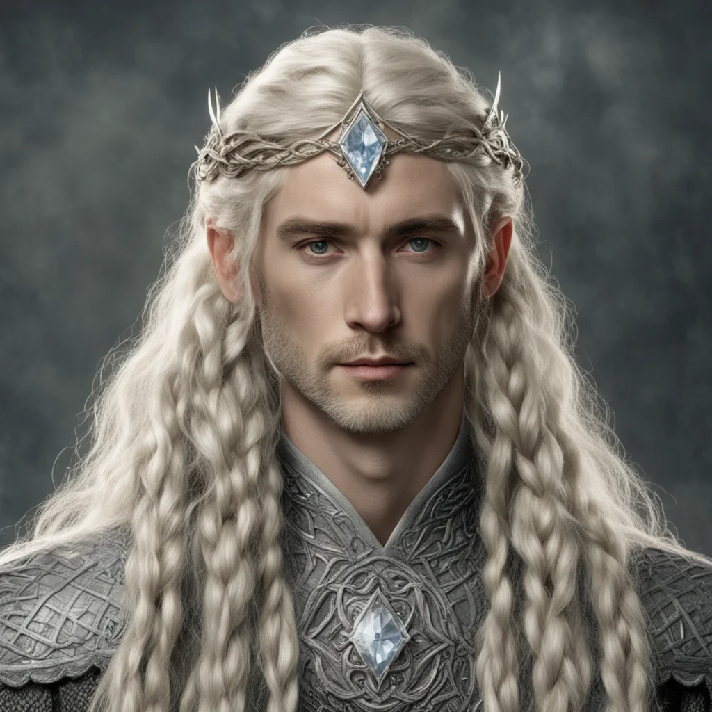 tolkien king oropher with blond hair and braids wearing small silver serpentine elvish circlet with large center diamond good looking trending fantastic 1
