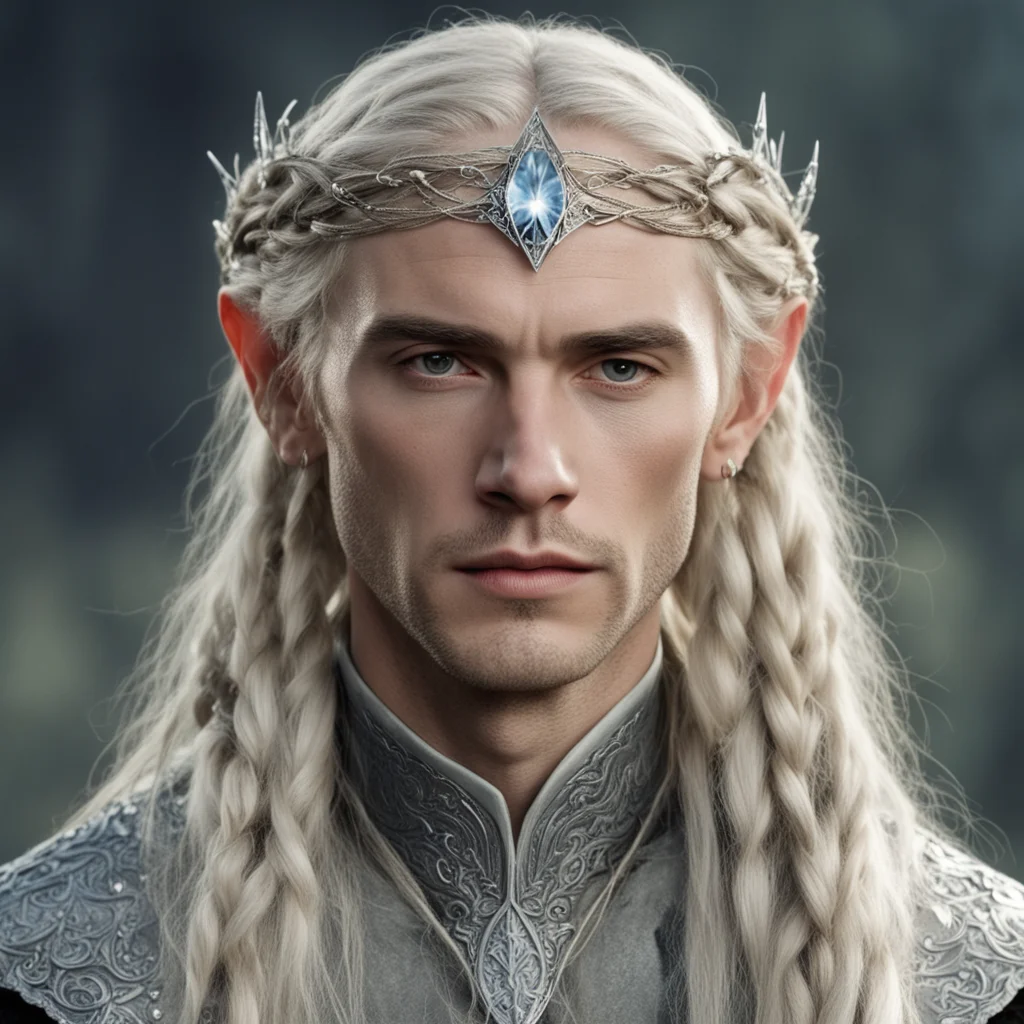 tolkien king oropher with blond hair and braids with silver diamond studded elvish hair pins and silver elvish circlet with large center diamond confident engaging wow artstation art 3